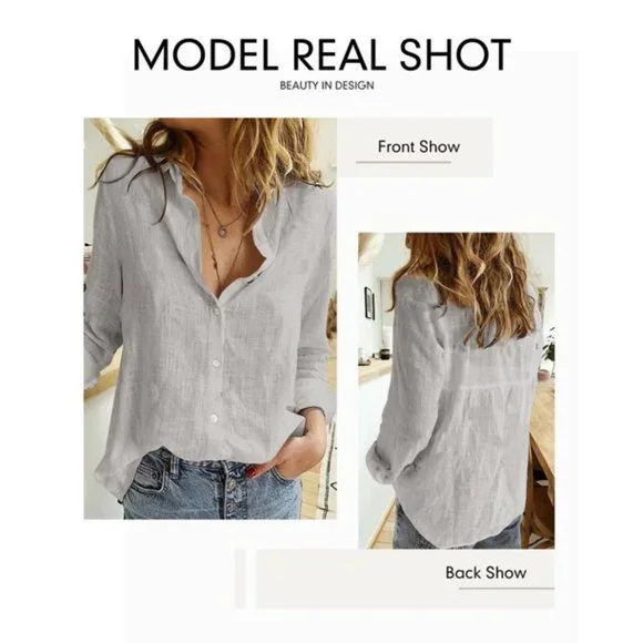 Womens Work Blouses Casual V Neck Blouse Tops 3/4 Sleeve Button Down Shirt Gray - Picture 6 of 8